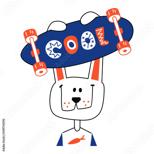 Rabbit skateboarder. Funny smiling rabbit holds with his ears a skateboard with the inscription cool. Vector doodles.