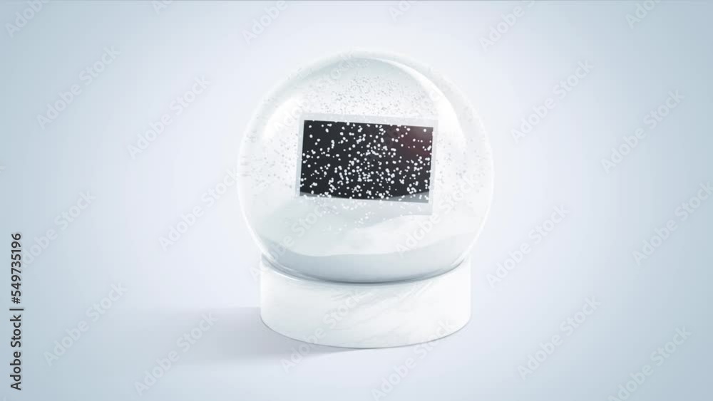 Blank glass snowglobe with rectangular photo snowfall mockup, looped motion