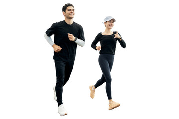 Runners are people a man and a woman on a transparent background engaged in running sports. Fitness watch on the arm.