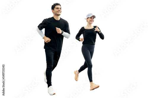 Runners are people a man and a woman on a transparent background engaged in running sports. Fitness watch on the arm. photo