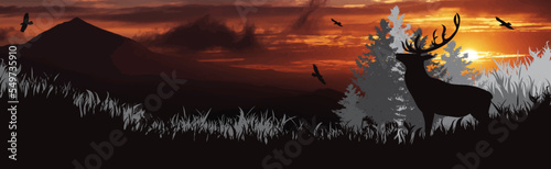 Canvas Print Vector silhouette of deer in forest on sunset background.