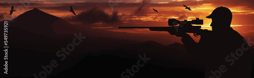 Vector silhouette of hunter with gun on sunset background.S ymbol of hunt and poacher.