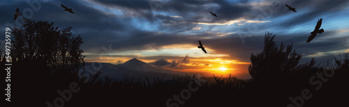 Vector silhouette of mountains on sunset background.