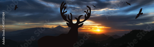 Canvastavla Vector silhouette of deer in forest on sunset background.