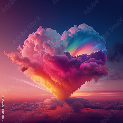 Rainbow heart cloud. Love cloud in the sky. LGBT love background. Queer rainbow heart poster