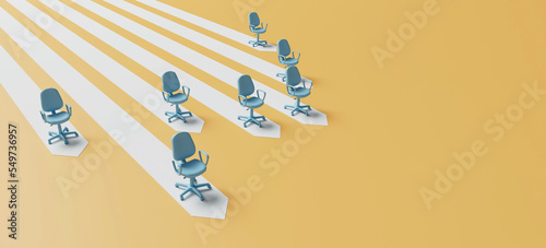Business leadership concept. office chairs on an arrow path with one ahead. career development. 3D Rendering