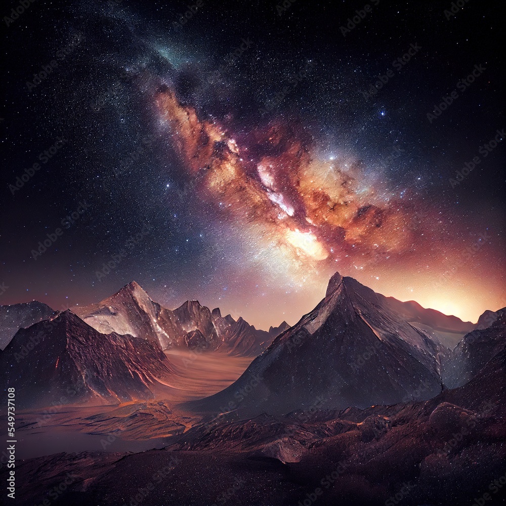 Milky way over the mountains. Stunning photorealistic landscape illustration generated by Ai