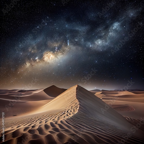 Milky way over the sand dunes. Stunning photorealistic landscape illustration generated by Ai