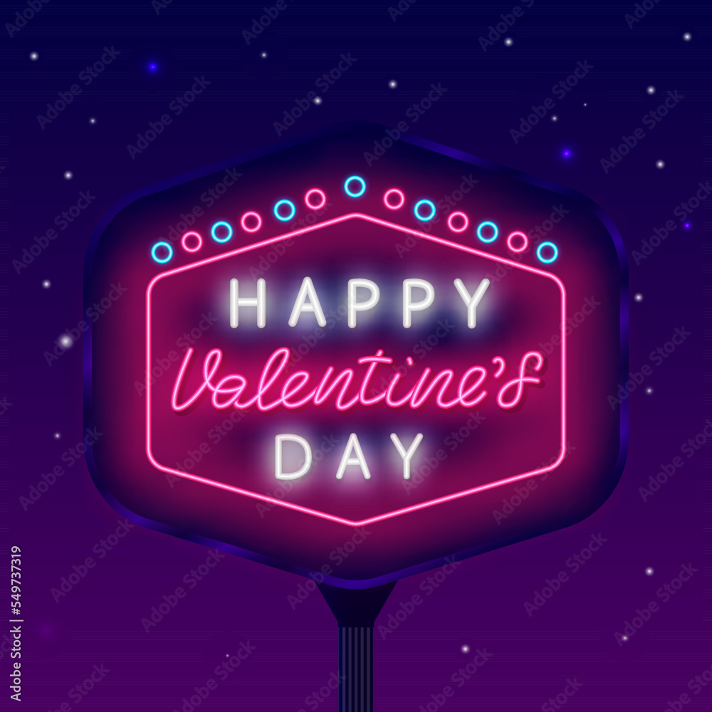 Happy Valentine Day neon street signboard. Retro frame. Shiny advertising. Holiday party. Vector stock illustration