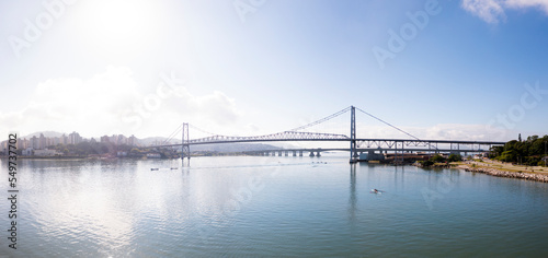Panoramic aerial view of hercilio luz bridge early in the morning, Florianópilis, Brazil.