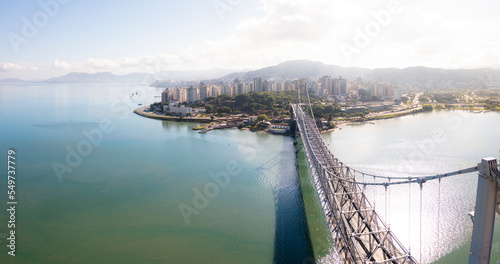 Aerial view of hercilio luz bridge early in the morning, Florianópilis, Brazil.
