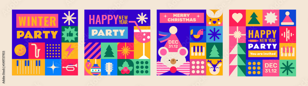A set of New Year and Christmas Party templates. Very cute design with various animals, musical instruments and festive objects. Perfect as an invitation, postcard or for social networks.