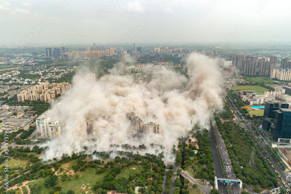 Aerial view of the Noida twin tower during demolition, Noida, India. Aerial view of the Noida twin tower during demolition, Noida, India.