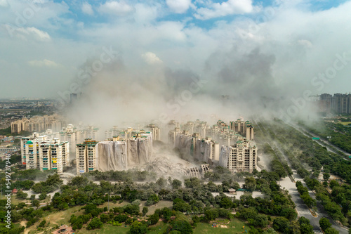 Aerial view of the Noida twin tower during demolition, Noida, India. photo