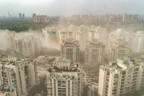 Aerial view of the Noida twin tower during demolition, Noida, India.