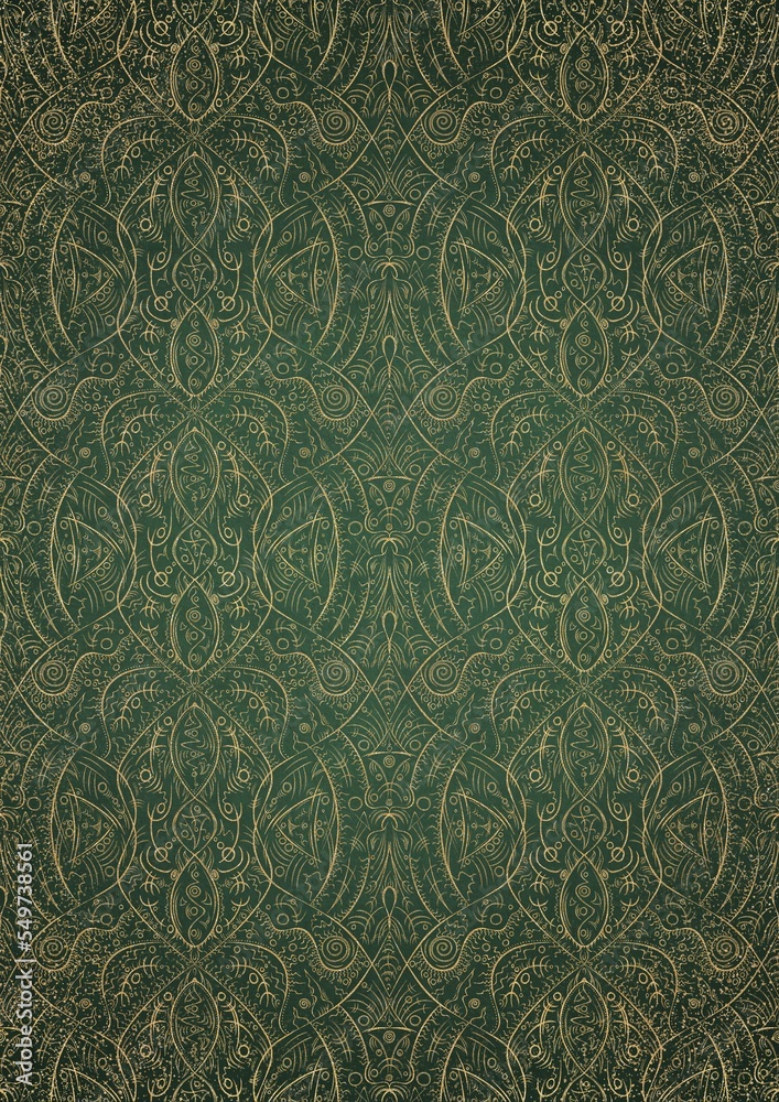 Hand-drawn unique abstract gold ornament on a green warm background, with vignette of darker background color and splatters of golden glitter. Paper texture. Digital artwork, A4. (pattern: p08-2e)