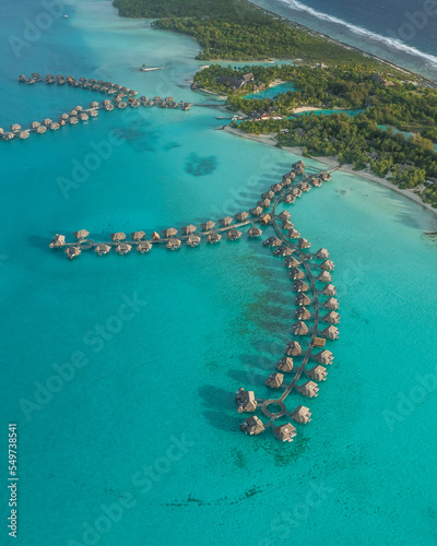 Moorea, French Polynesia - 14 November 2022: Aerial view of Four Season luxury resort in Bora Bora, French Polynesia.