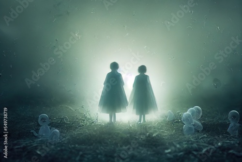 Family of Ghosts White Mysterious Figures in Forest - Digital Art, Concept Art Fototapet