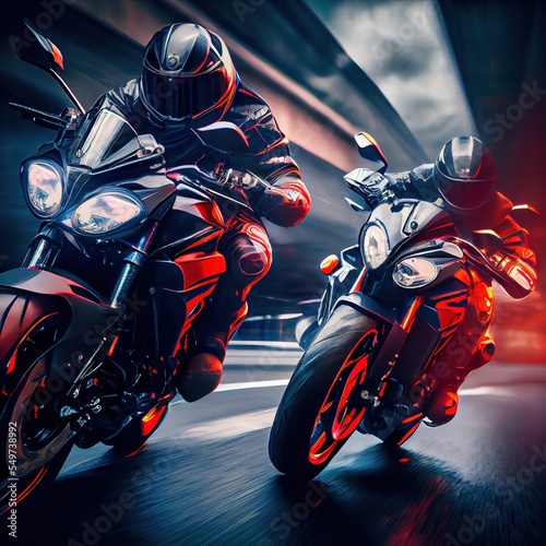 Two bikers on motorcycles racing at the highway. Blurred motion, fast speed. Photorealistic illustration generated by Ai
