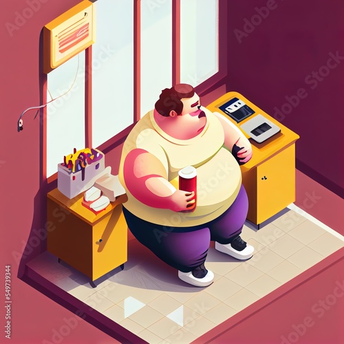 Obese corpulent men Eating Disorder Isometric Graphic - Drawing, Digital Art, Vector, Concept Art