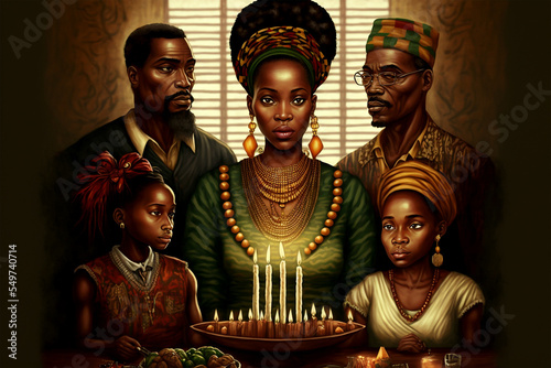 a black family celebrates kwanzaa with candles photo