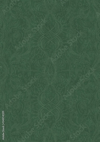 Hand-drawn unique abstract symmetrical seamless ornament. Bright semi transparent green on a deep warm green background. Paper texture. Digital artwork, A4. (pattern: p09d)