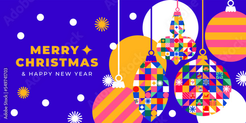 Merry Christmas and Happy New Year.
Modern banner design. New Year's toys in a geometric style and a variety of textures.
Made in bright colors.
Great for social media, card, poster or holiday cover.
