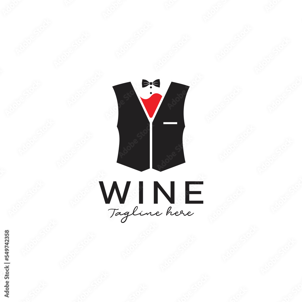 Wine Glass Tuxedo Suit Bow Tie for Luxury Bar Dinner Restaurant Waitress Bartender Logo design, Vector illustration