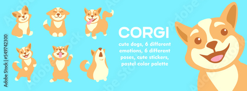 Corgi in 6 different poses. Six cute dogs, puppy, pup, different emotions, stickers, pastel colors. Joyful, show tongue, animal, melt, stand on hind legs. Vector illustration of pets