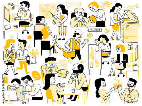 Cute character dooddle illustration of business office people in various poses, activities, lifestyle.  Outline, linear, thin line art, hand drawn sketch design, simple style.