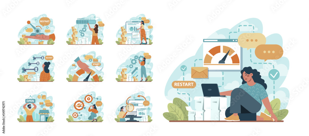 Business restart set. Economy recovery after crisis or restrictions. Business restart set. Economy recovery after crisis or restrictions.
