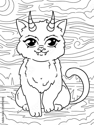 Devil Kitten, Hells Pet. Children coloring book. Vector.