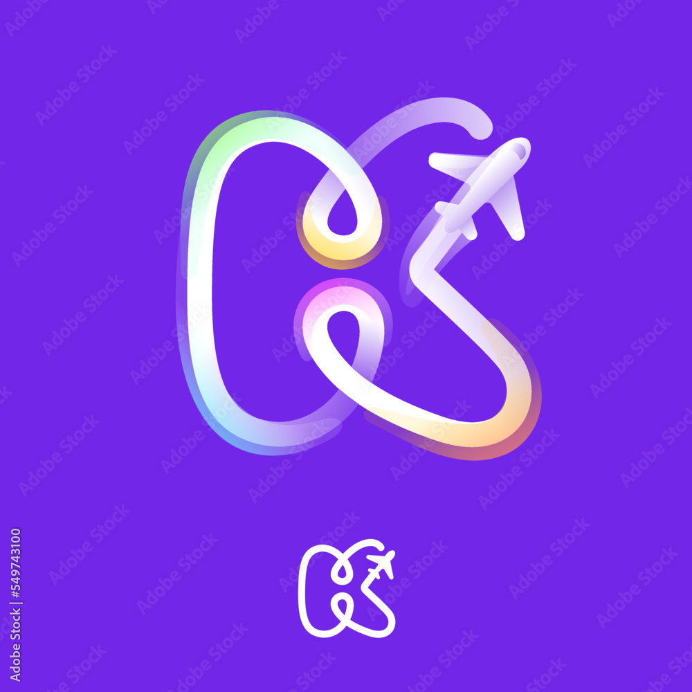 Obraz premium Letter K logo made of one gradient line with plane icon and rainbow shine. Overlapping multicolor emblem.