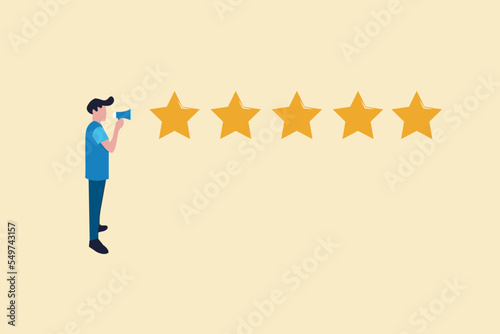 businessman with Megaphone and five gold star rating. concept of Customer review, Feedback concept, reputation review.