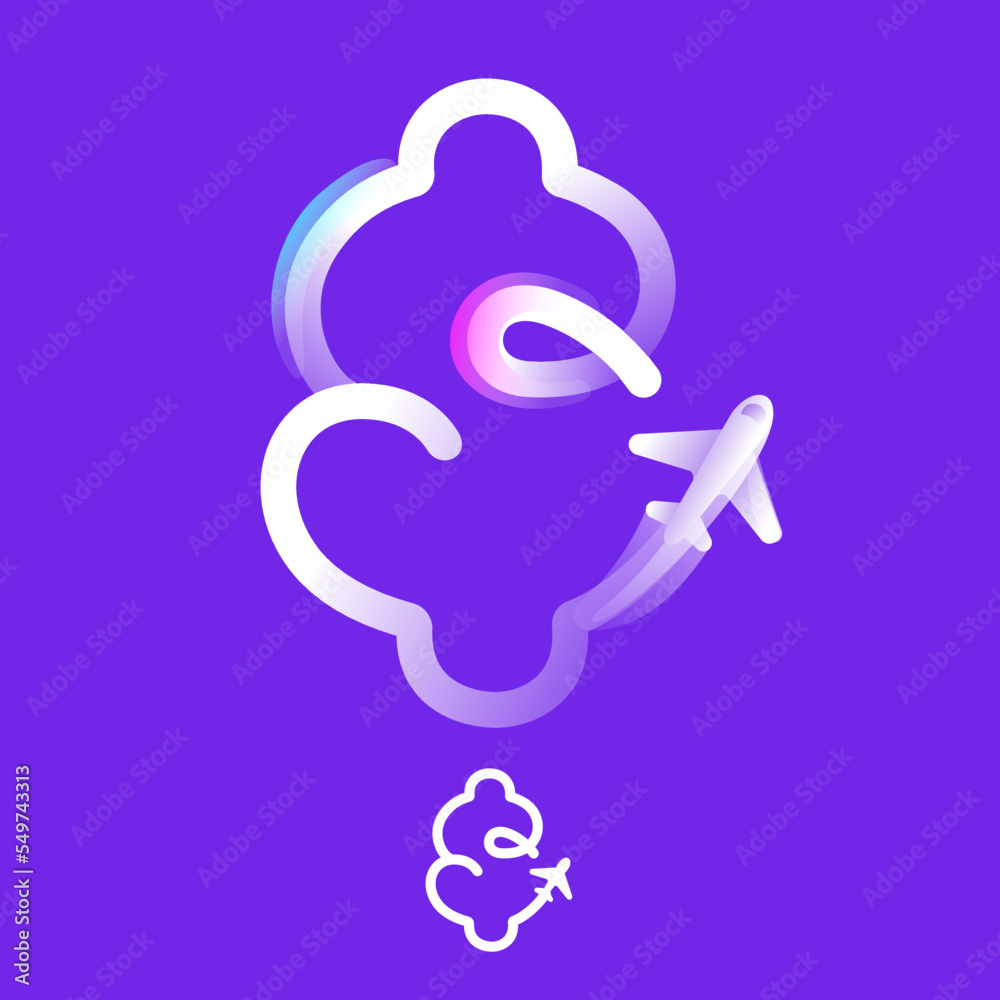 Dollar sign logo made of one gradient line with plane icon and rainbow shine. Overlapping multicolor emblem. Dollar sign logo made of one gradient line with plane icon and rainbow shine. Overlapping multicolor emblem.