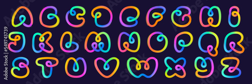 Rainbow gradient alphabet made of one line. Overlapping multicolor emblems with glossy shine.