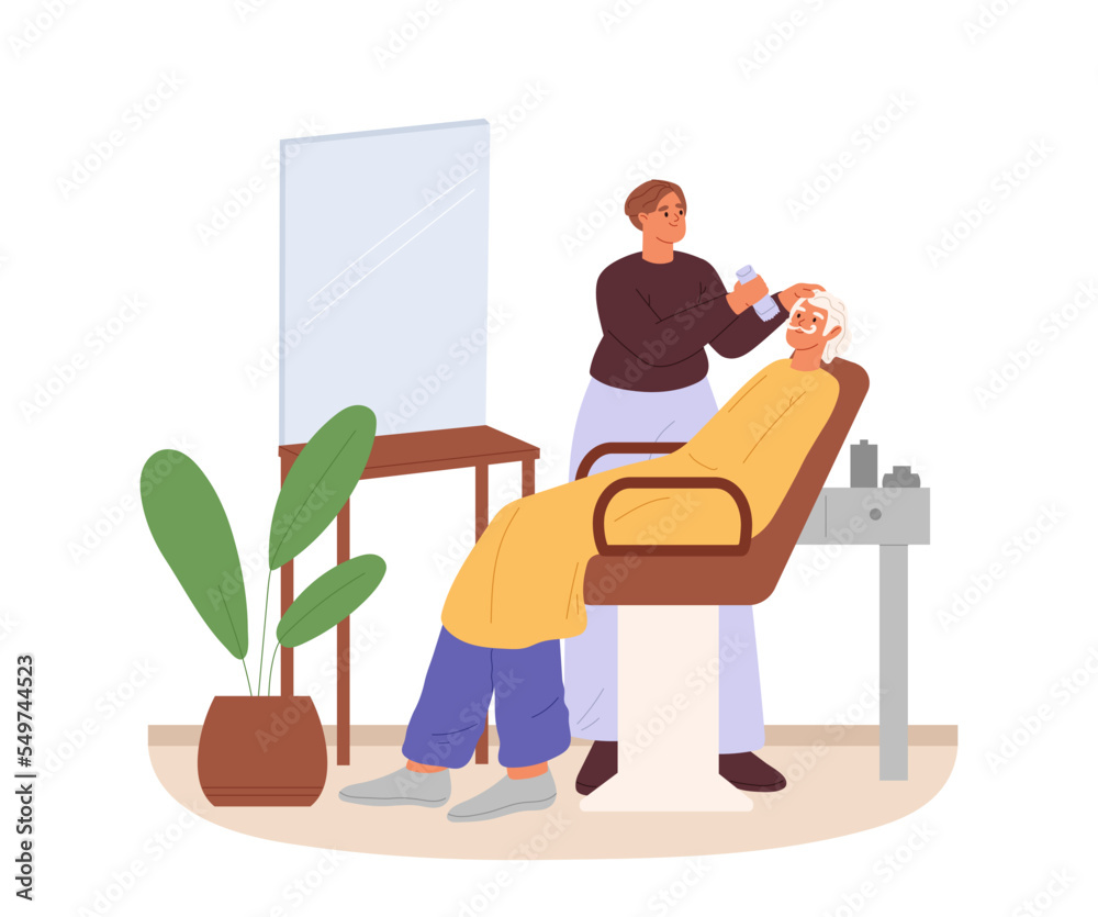 Barber at work making hairstyle to male client sitting in chair. Young hairdresser shaving beard Barber at work making hairstyle to male client sitting in chair. Young hairdresser shaving beard