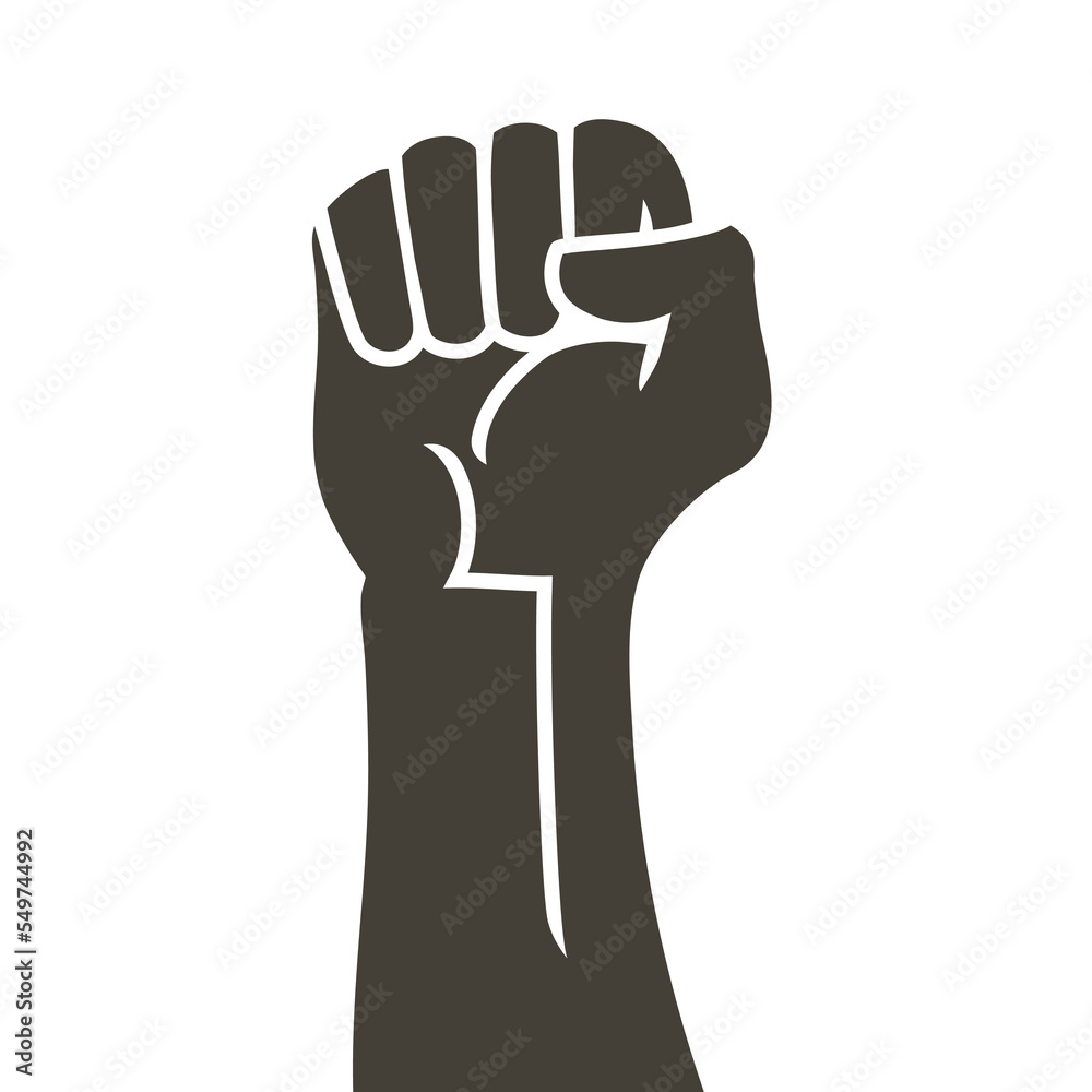 Hand raised air fighting for human rights. Fist up power Concept of protest, rebel, political demands, revolution, unity, cooperation, don't give up. Vector line logo icon Hand raised air fighting for human rights. Fist up power Concept of protest, rebel, political demands, revolution, unity, cooperation, don't give up. Vector line logo icon