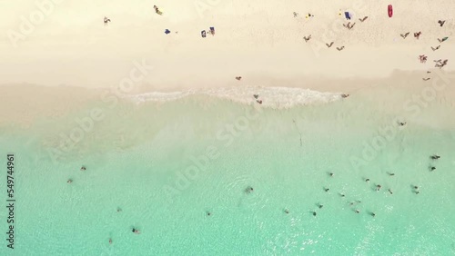 People enjoying the beach in tropics. Aerial view. photo