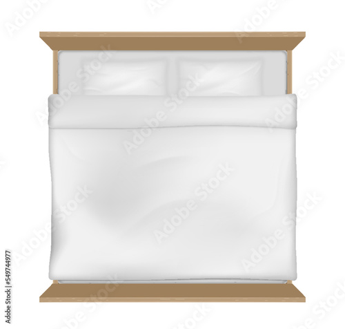 Double bed with mattress, white duvet blanket, sheets and pillows. Realistic bed for family bedroom