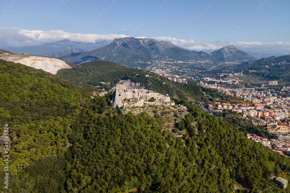 Aerial view of Arechi Castle on mountain top in Salerno, Campania, Italy. Aerial view of Arechi Castle on mountain top in Salerno, Campania, Italy.