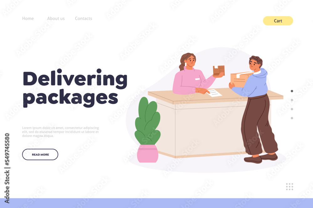 Delivering packages concept of landing page with man sending parcel from post office