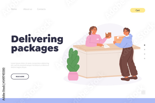 Delivering packages concept of landing page with man sending parcel from post office