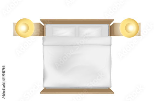King size bed with mattress, sheets and pillows, side tables lamps. Realistic bed for bedroom