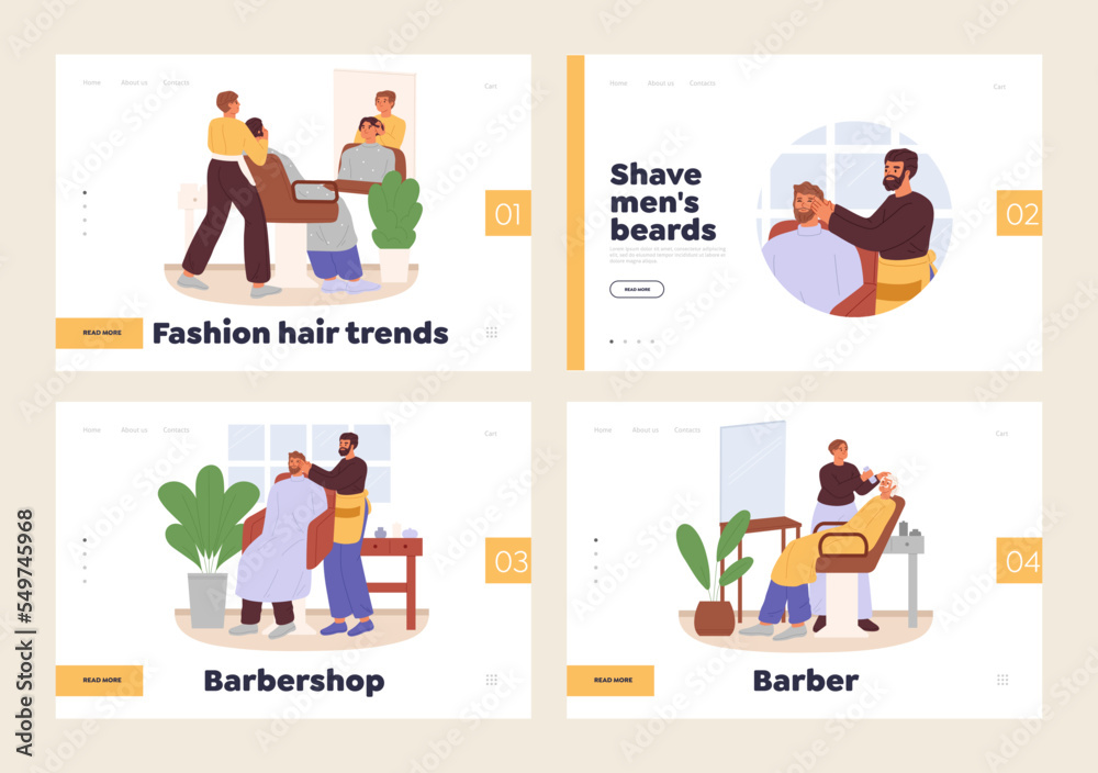 Hairstyling in barbershop concept of landing pages set. Barbers doing hairdo and shaving beard