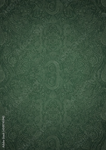Hand-drawn unique abstract symmetrical seamless ornament. Bright green on a deep warm green with vignette of a darker background color. Paper texture. Digital artwork, A4. (pattern: p01d)