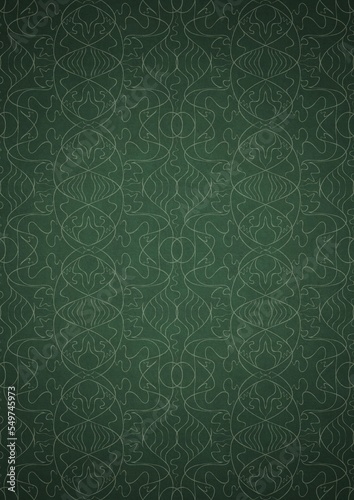 Hand-drawn unique abstract symmetrical seamless ornament. Bright green on a deep warm green with vignette of a darker background color. Paper texture. Digital artwork, A4. (pattern: p02-1e)