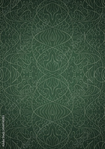 Hand-drawn unique abstract symmetrical seamless ornament. Bright green on a deep warm green with vignette of a darker background color. Paper texture. Digital artwork, A4. (pattern: p02-2d)