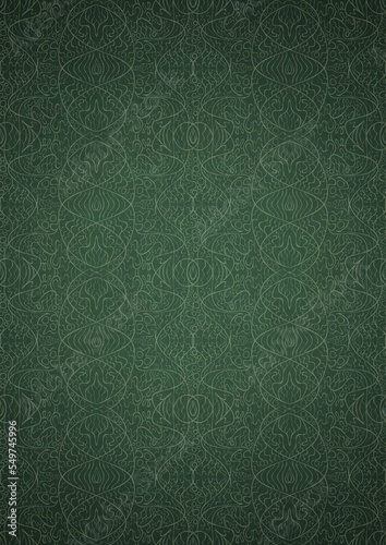 Hand-drawn unique abstract symmetrical seamless ornament. Bright green on a deep warm green with vignette of a darker background color. Paper texture. Digital artwork, A4. (pattern: p02-2e)