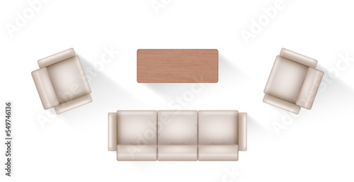Sofa, armchairs and table for living room interior design, top view. Modern soft furniture for home